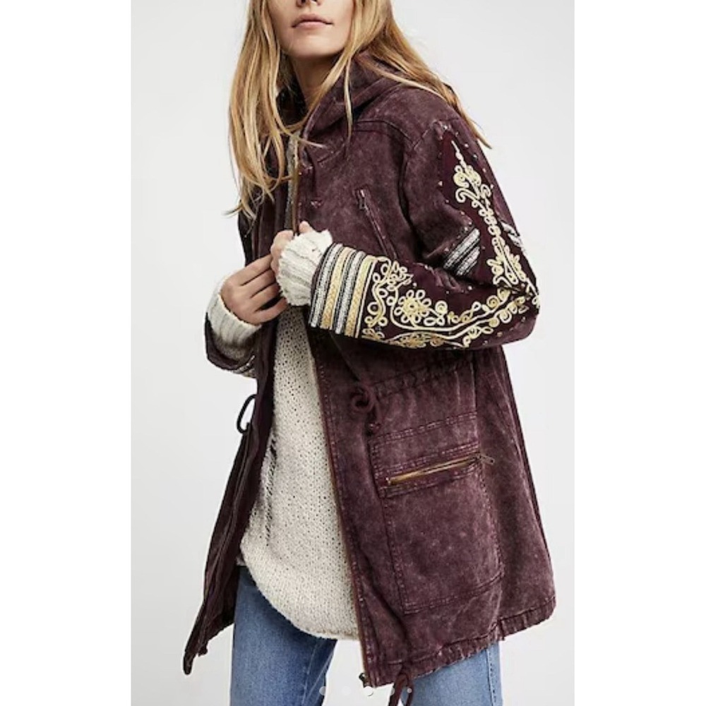Free People Golden Quills Military Parka Boho Distressed Cargo Utility Jacket S - Picture 2 of 12